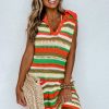 Chic Women's Yellow Stripe Eyelet Sleeveless Buttoned Split Neck Sweater Dress - Image 6