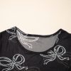 Elegant Women's Black Bow Printed Mesh Short Sleeve Top - Image 9