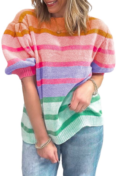 Women's Rose Red Colorful Stripe Bubble Short Sleeve Sweater