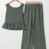 Women's Duffel Green Ribbed Ruffle Tank Top and Pants Set - Stylish Loungewear - Image 9