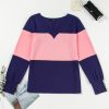 Women's Blue Stripe Colorblock Long Sleeve V Neck Top - Image 6