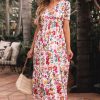 Women's Red Floral Short Sleeve V Neck High Waist Maxi Dress - Elegant and Flattering - Image 3