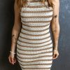 Chic Khaki Stripe Hollowed Knit Sleeveless Sweater Dress for Women - Image 3