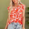 Women's Orange Floral Ruffle Sleeve Print Top with Stylish V Neck - Image 5