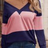 Women's Blue Stripe Colorblock Long Sleeve V Neck Top - Image 4