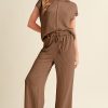 Women's Coffee Solid Color Corded Short Sleeve Top and Wide Leg Casual Pants Set - Image 5