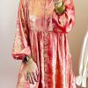 Women's Peach Blossom Metallic Sheen Puff Sleeve Mini Shirt Dress - Image 2
