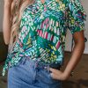 Chic Women's Green Brushwork Geometric Print Puff Sleeve Blouse with Notched Neck - Image 9