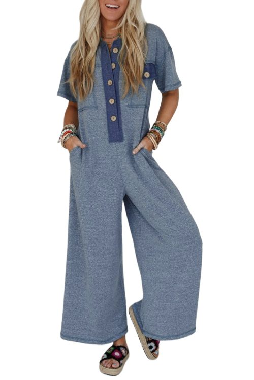 Chic Women's Beau Blue Half Placket Wide Leg Jumpsuit with Chest Pockets