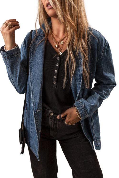 Women's Chic Sail Blue Lapel Collar Denim Jacket with Side Pockets