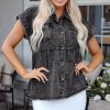 Women's Black Short Sleeve Flap Pocket Button Up Raw Hem Denim Shirt - Image 4