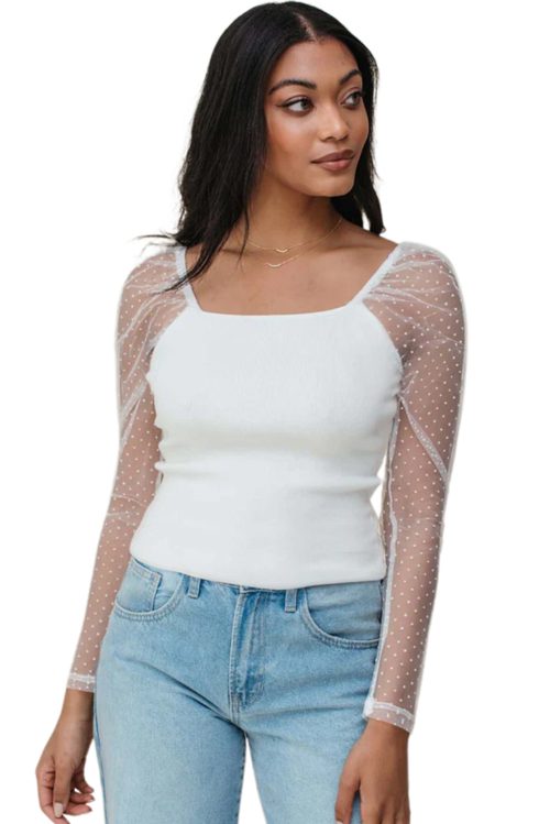 Elegant Women's White Swiss Dot Mesh Long Sleeve Slim Top