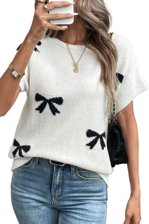 Elegant Women's Black Bow Pattern Knit Short Sleeve Sweater