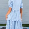 Elegant Sky Blue Stripe Bubble Short Sleeve Tiered Scallop Long Dress - Image 2