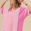 Trendy Women's Pink Stripe Color Block Patchwork Half Sleeve T-Shirt - Image 12