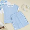 Women's Beau Blue Contrast Trim Textured Crewneck Tee and Pocketed Skirt Set - Image 4