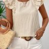 Women's Elegant Beige Textured Bow Knot Frilled Butterfly Sleeve Blouse - Image 2