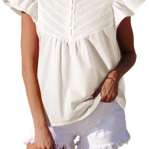 Women's White Half Button Lace Patchwork Flutter Sleeve Blouse - Romantic & Playful Style