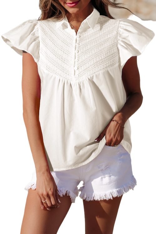 Women's White Half Button Lace Patchwork Flutter Sleeve Blouse - Romantic & Playful Style