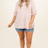 Cozy Pink Stripe Waffle Knit Pocketed Half Sleeve Plus Size T-Shirt - Image 3