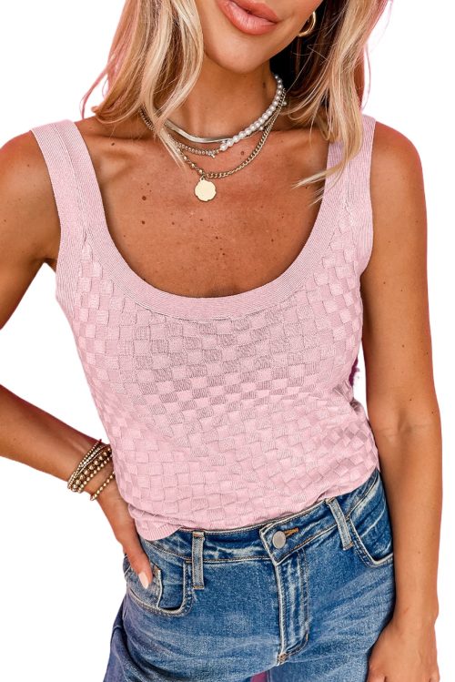 Elegant Light Pink Solid Textured Checkered U Neck Sweater Vest for Women