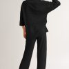 Women's Black Solid Color Textured Buttoned Shirt and Wide Leg Casual Pants Set - Image 2