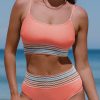 Women's Peach Blossom Striped Patchwork High Waist Bikini Swimsuit - Spaghetti Strap Design - Image 17