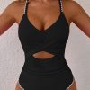 Stylish Black Ric Rac Trim Cutout One Piece Swimsuit with Padded Cups - Image 4