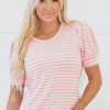 Women's Pink Stripe Textured Puff Sleeve Crewneck Top - Casual Chic - Image 6