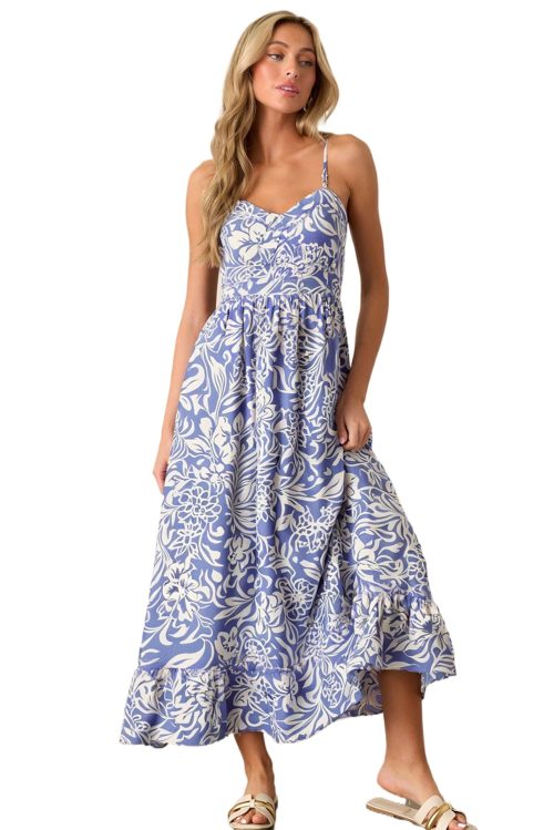 Women's Sky Blue Floral Print Spaghetti Strap High Waist Maxi Dress for Summer