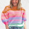 Women's Rose Red Colorful Stripe Bubble Short Sleeve Sweater - Image 3