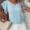 Women's Mist Blue Solid Color Ruffled Short Sleeve Casual Blouse - Elegant Round Neck Top - Image 7