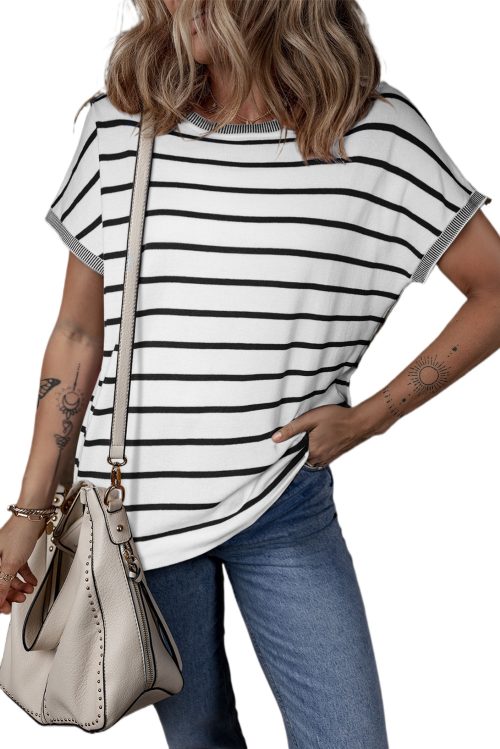 Women's White Stripe Knitted Bat Sleeve T-Shirt for Casual Elegance