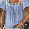 Women's Sky Blue Stripe Textured Ruffle Short Sleeve Boho Blouse - Image 2