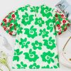 Elegant Green Floral Blouse with Contrast Embroidered Puff Short Sleeves - Image 11