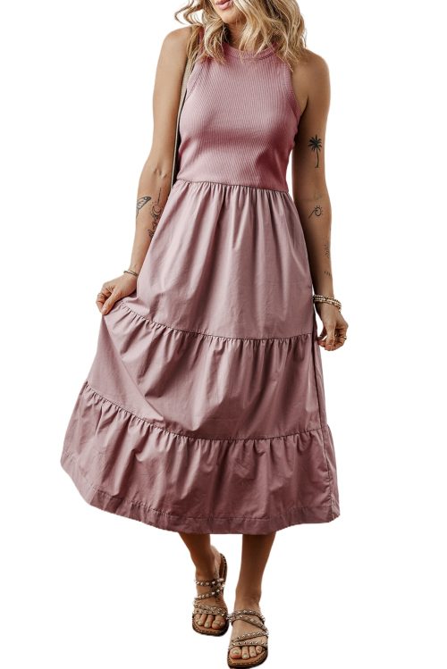 Chic Sepia Rose Ribbed Vest Patchwork Tiered Midi Dress with Pockets