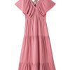 Elegant Rose Pink Textured V Neck Flutter Sleeve Ruffled Maxi Dress for Women - Image 17