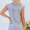 Women's Blue Stripe Frilled Sleeveless Mini Dress with Collar and Front Pocket - Image 2