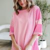 Trendy Women's Pink Stripe Color Block Patchwork Half Sleeve T-Shirt - Image 3