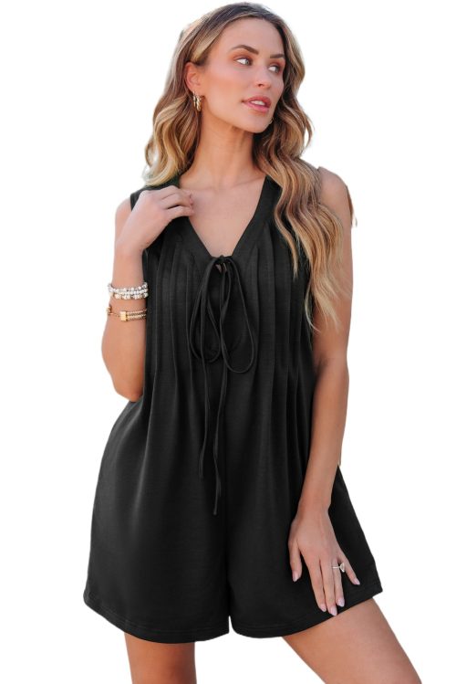 Chic Black and White Tie V Neck Sleeveless Romper with Pleated Detail