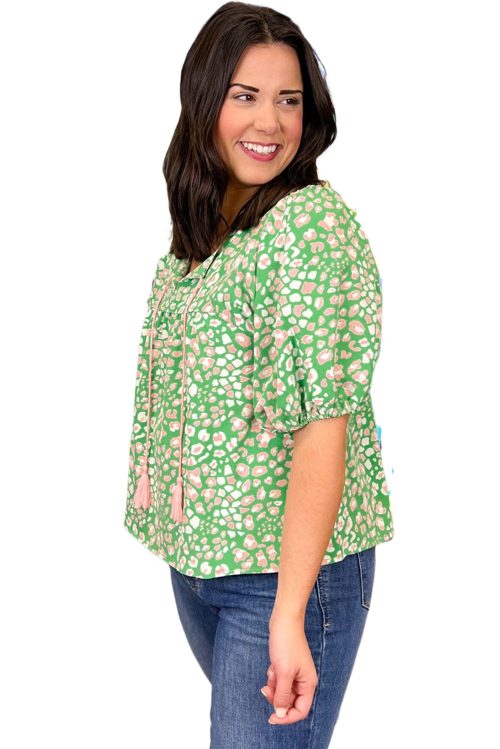 Plus Size Green Floral Tassel Tie Split Neck Blouse with Puff Sleeves