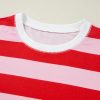 Women's Pink Stripe Patchwork Round Neck Loose T-Shirt with Side Splits - Image 15