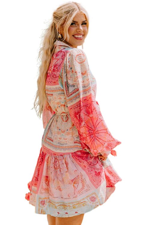 Women's Pink Patchwork Print Bubble Sleeves Belted Plus Size Dress