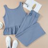 Women's Beau Blue Solid Color Ribbed Ruffle Tank Top and Pants Set - Image 8