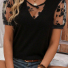 Elegant Women's Black Flora Lace Patchwork Crew Neck T-Shirt with Mesh Puff Sleeves - Image 2