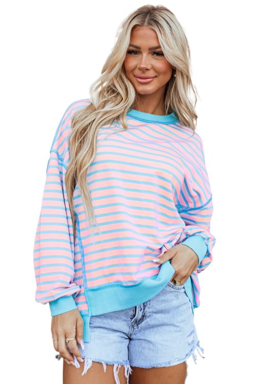 Women's Pink Stripe High-Low Pullover Tunic Sweatshirt
