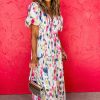 Women's Rose Abstract Print Short Puff Sleeve Tiered Maxi Dress - Image 3