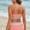 Women's Peach Blossom Striped Patchwork High Waist Bikini Swimsuit - Spaghetti Strap Design - Image 9