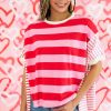 Women's Pink Stripe Patchwork Round Neck Loose T-Shirt with Side Splits - Image 6