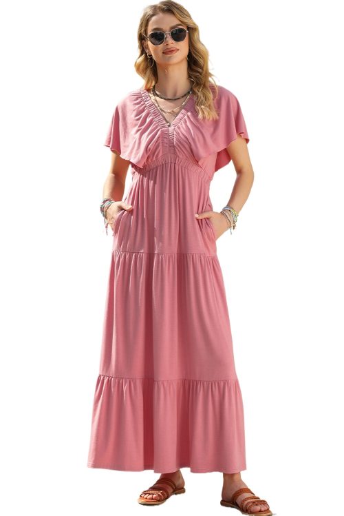 Elegant Rose Pink Textured V Neck Flutter Sleeve Ruffled Maxi Dress for Women